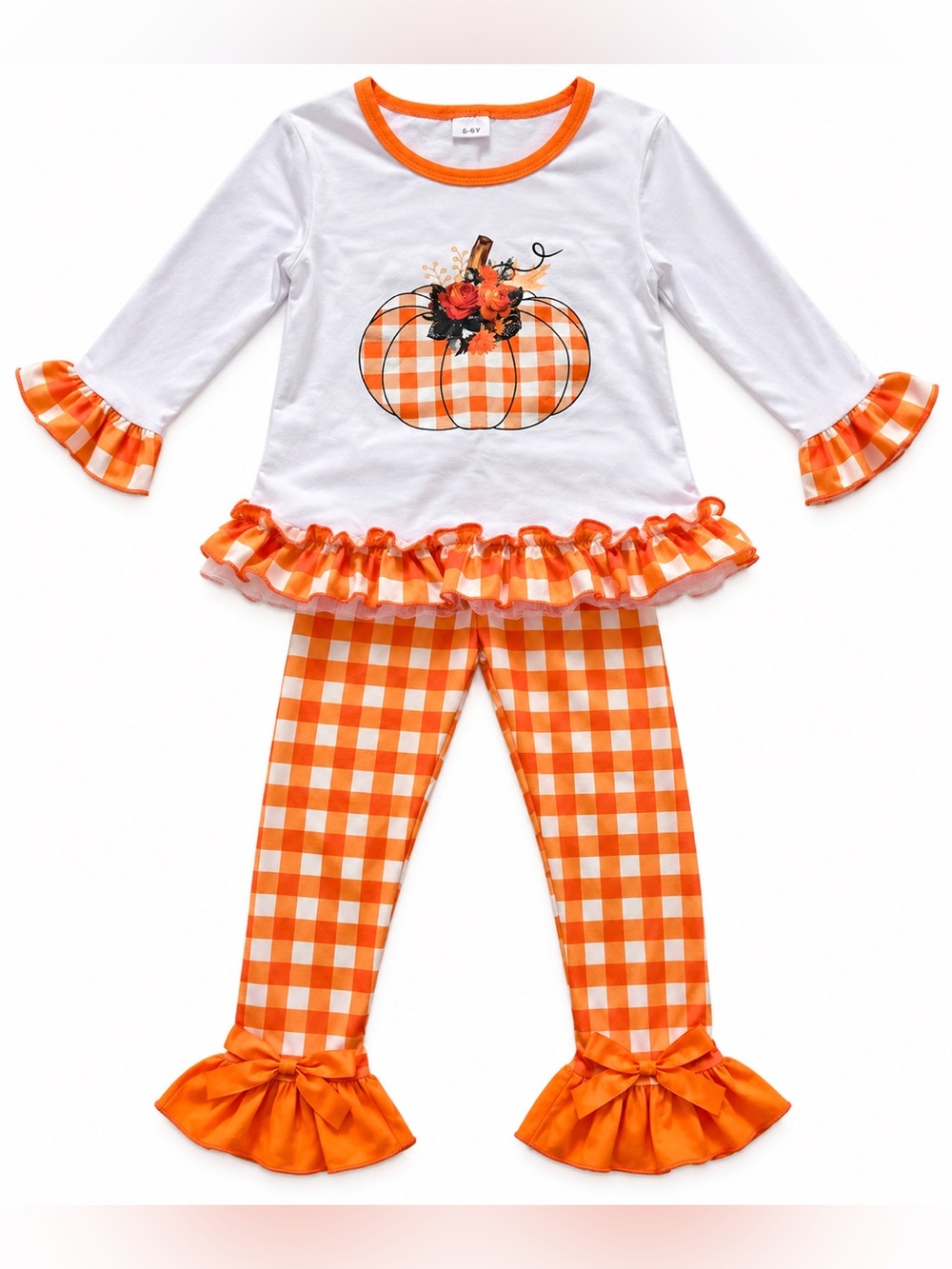 Kids White & Orange Pumpkin Plaid Ruffle Costume Set